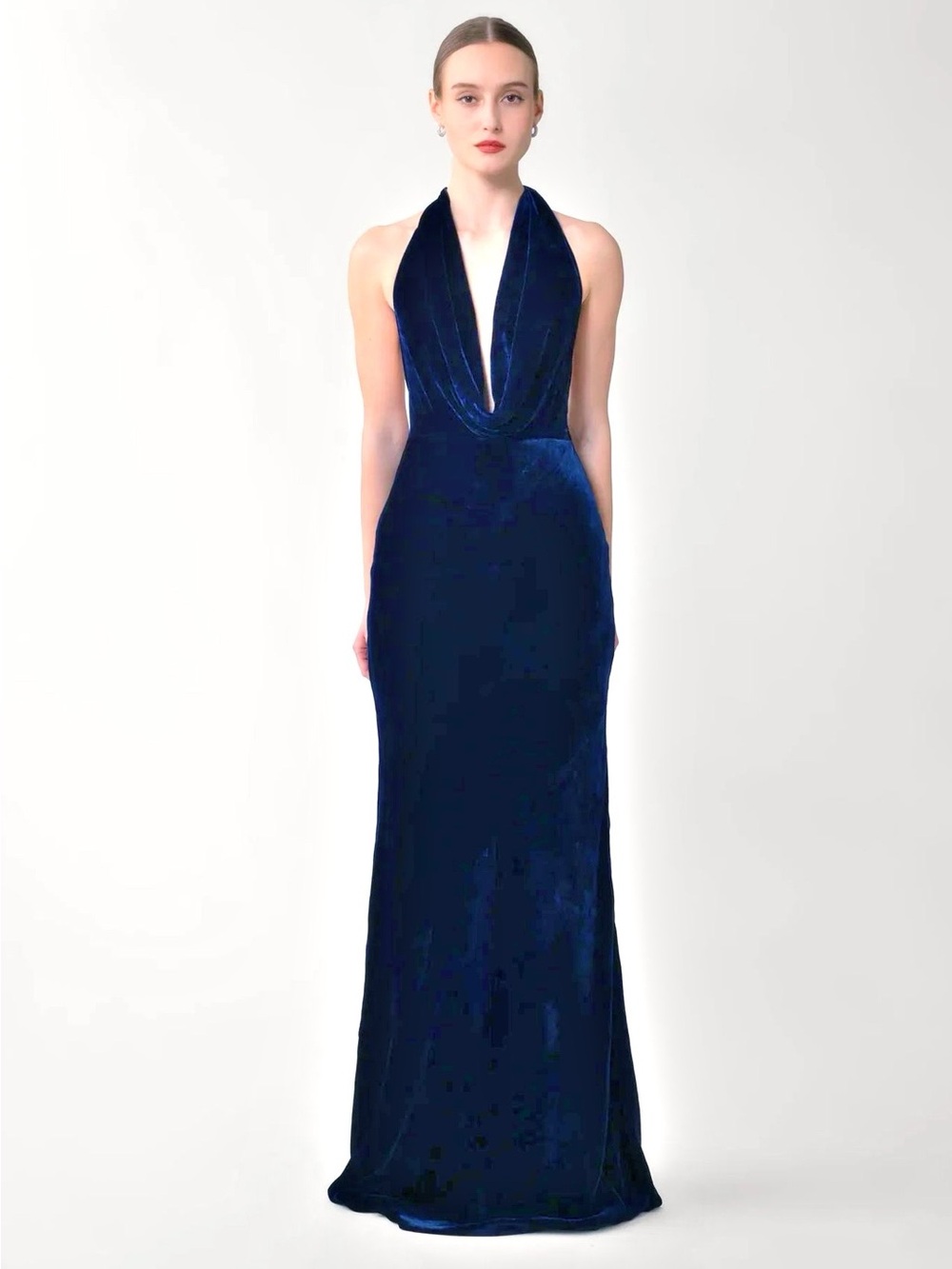 Sau Lee Pearl Cowl Scarf Open Back Strappy Velvet Gown in Midnight Blue Size 12 - Picture 5 of 12